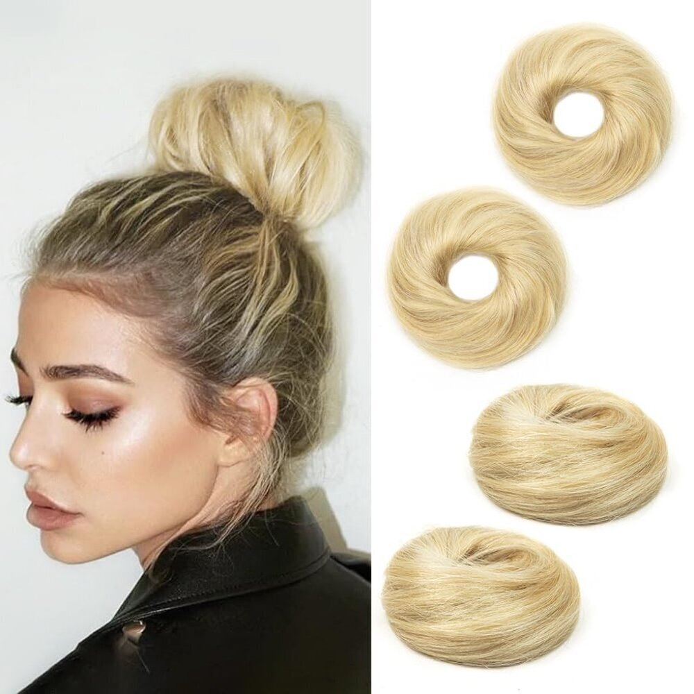 Messy Bun Hair Piece Human Hair Wavy Blonde with Highlights 2PCS